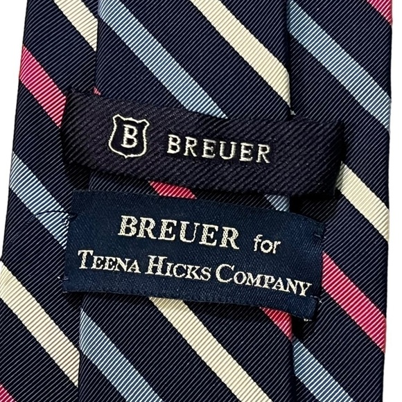 Breuer Silk Cotton Tie Navy Pink White Stripes Preppy Academia Classic - Picture 3 of 7